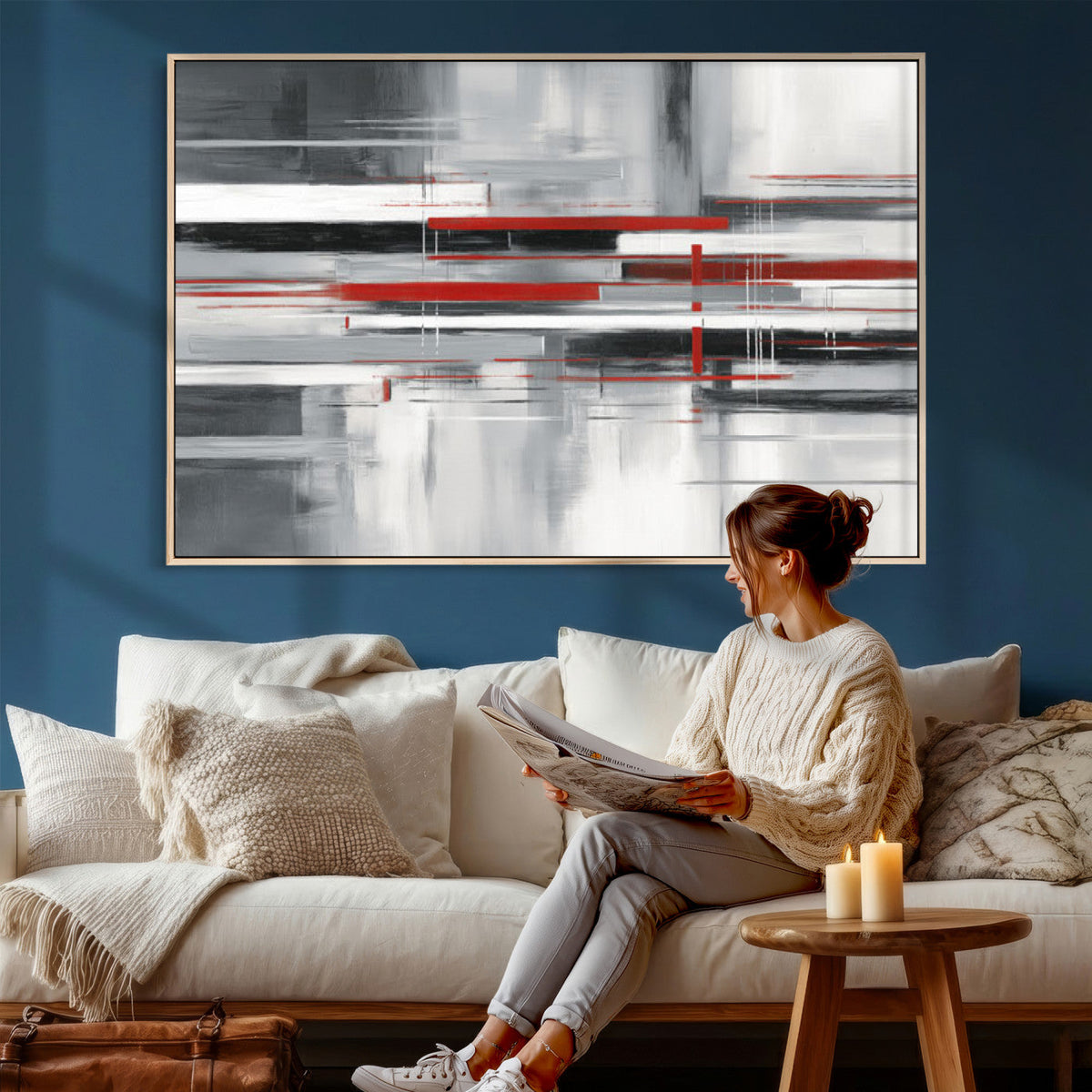 Gray Red Abstract Wall Art Canvas Print, Modern Abstract