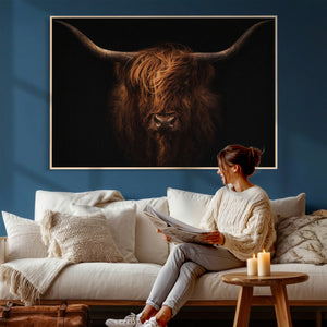 Highland Cow Wall Art Canvas Print – Moody Dark Rustic