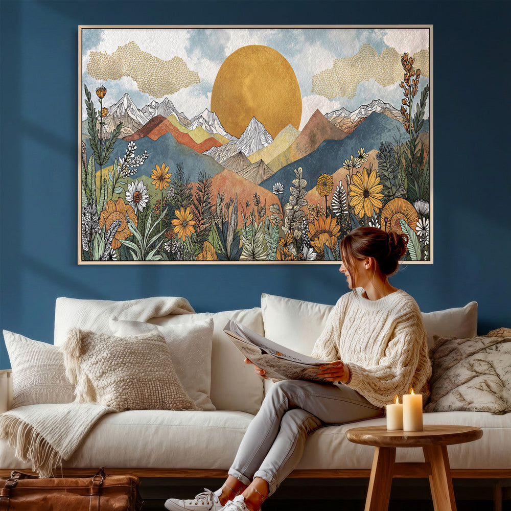 Boho Mountain Landscape Large Wall Art, Horizontal Gold