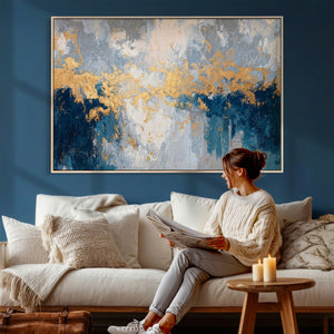 Blue Gold Abstract Large Framed Canvas Wall Art, Modern