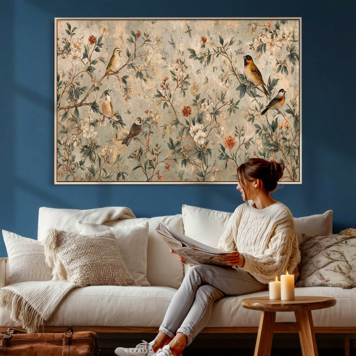 Vintage Birds and Flowers Wall Art Canvas Print, Botanical