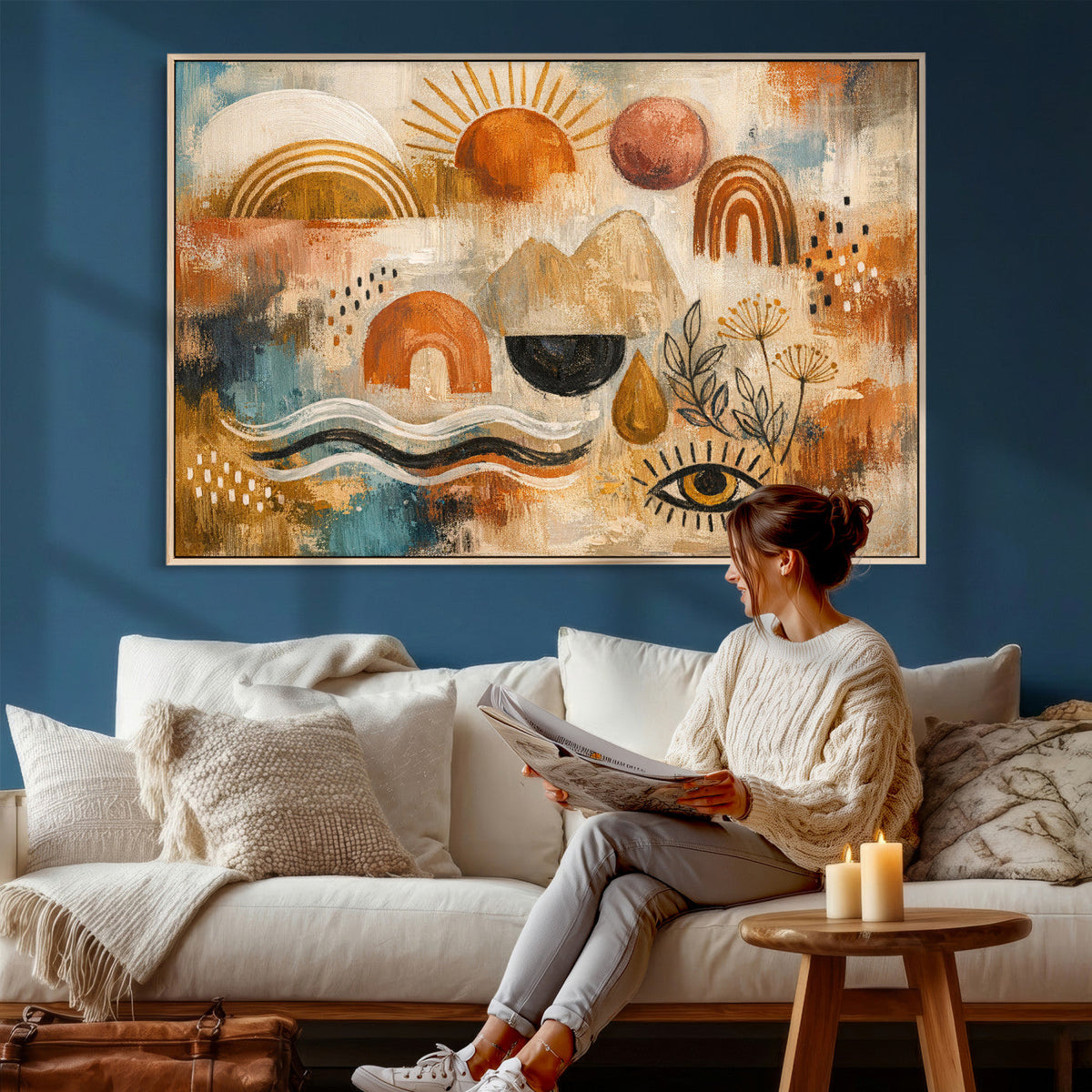 Geometric Boho Abstract Wall Art Canvas Print, Orange Blue