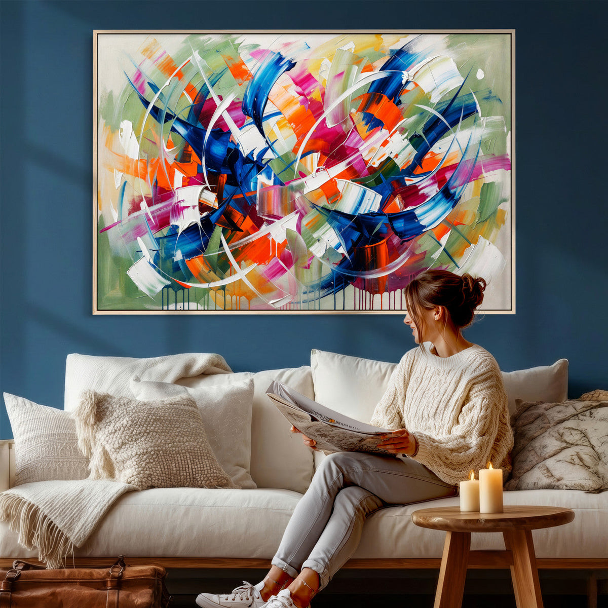 Geometric Abstract Wall Art Canvas Print, Orange Blue