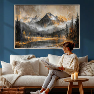 Mountain Lake Canvas Wall Art — Rustic Forest Landscape