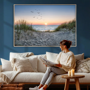 Sandy Dune Path Sunset Canvas Wall Art — Seagulls Beach