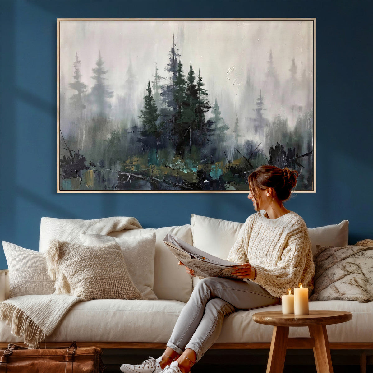 Misty Pine Forest Oil Painting Canvas — Dark Moody Teal Grey
