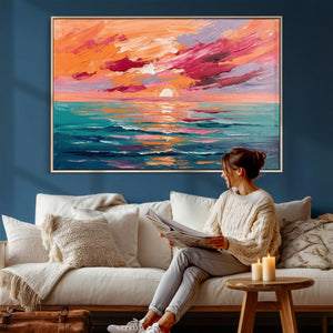 Bold Palette Knife Ocean Sunset Canvas — Orange Pink Teal