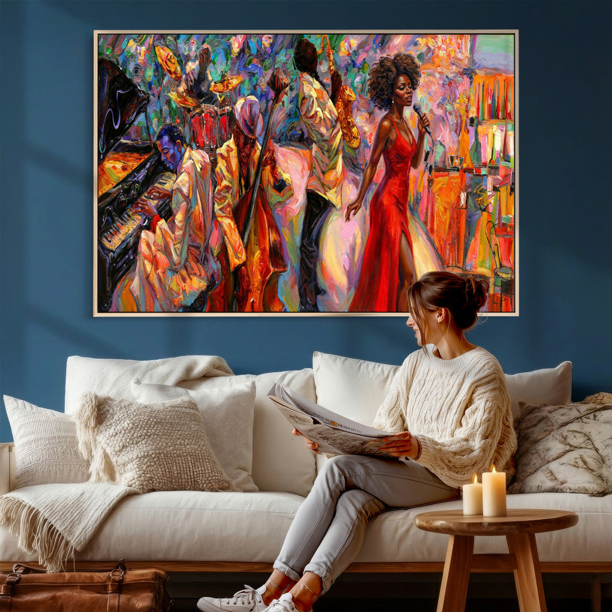 African American Jazz Singer Canvas Art — Red Dress Black