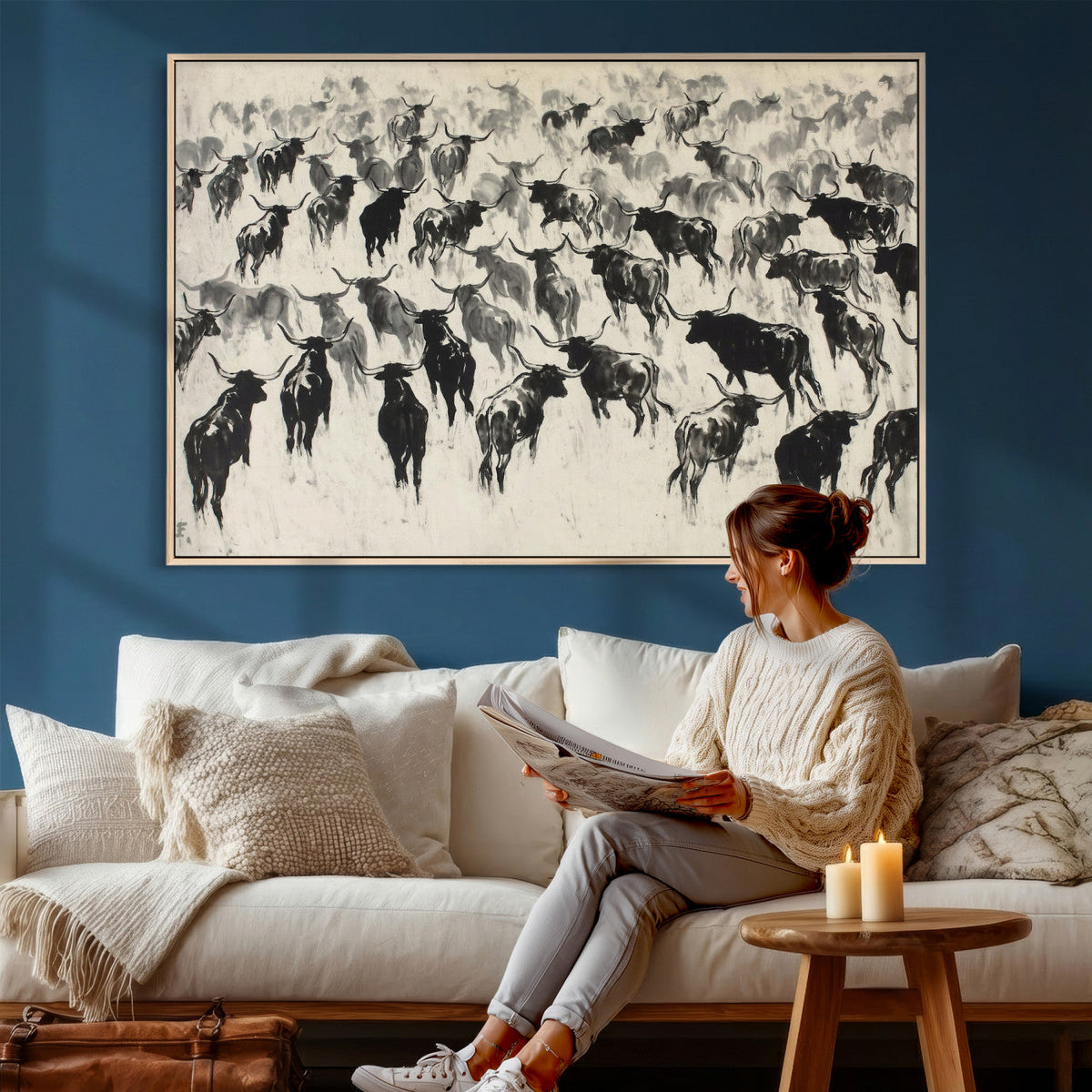 Longhorn Cattle Canvas Wall Art, Black White Stampede Ink