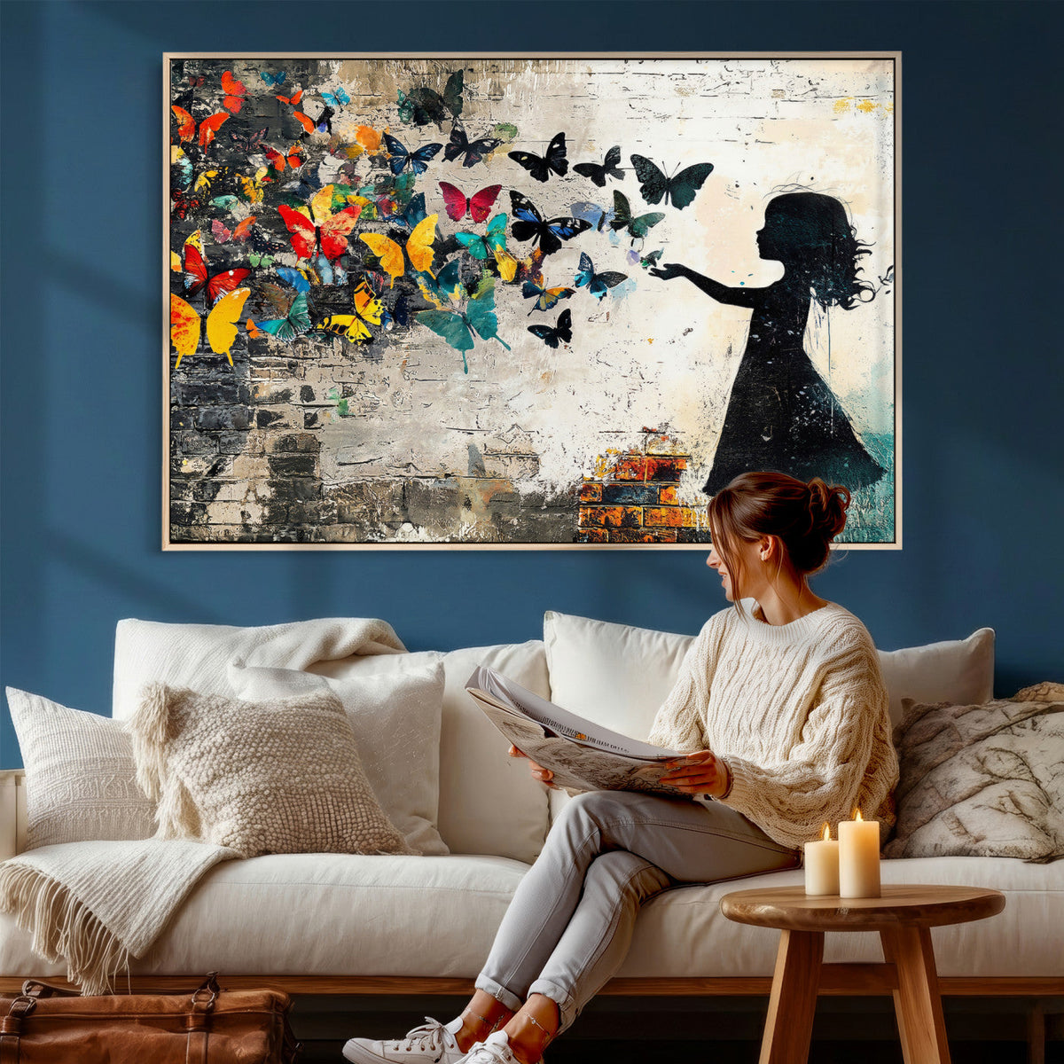 Banksy Butterfly Girl Wall Art Canvas Print, Framed Street