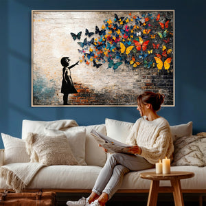 Banksy Graffiti Butterfly Girl Wall Art Canvas Print, Framed