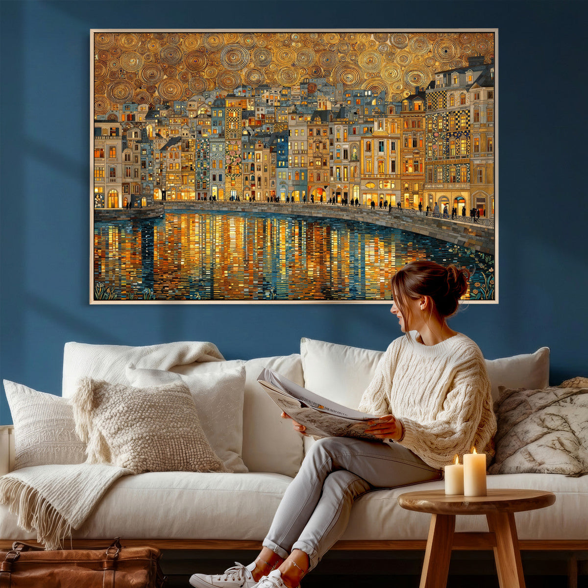 Gustav Klimt Golden Cityscape Wall Art Canvas Print, Framed
