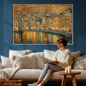 Gustav Klimt Golden Cityscape Wall Art Canvas Print, Framed