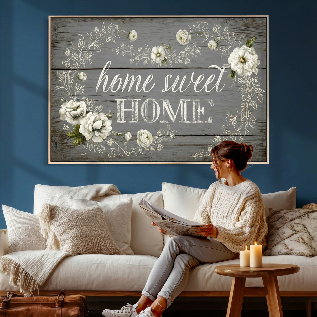 Home Sweet Home Wall Art Canvas Print, Floral Farmhouse