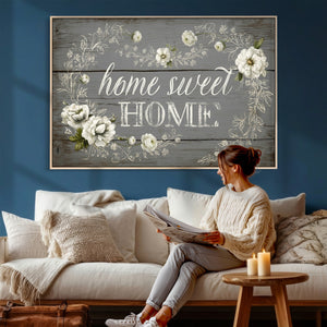 Home Sweet Home Wall Art Canvas Print, Floral Farmhouse
