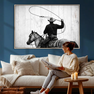 Cowboy Lasso Canvas Wall Art, Black White Western Horse
