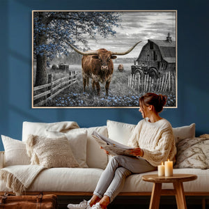 Texas Longhorn Canvas Wall Art, Rustic Farm Barn Bluebonnet