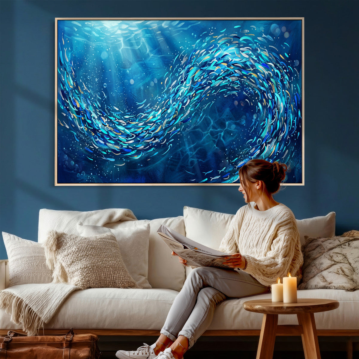 School of Fish Canvas Print | Blue Ocean Underwater Wall Art