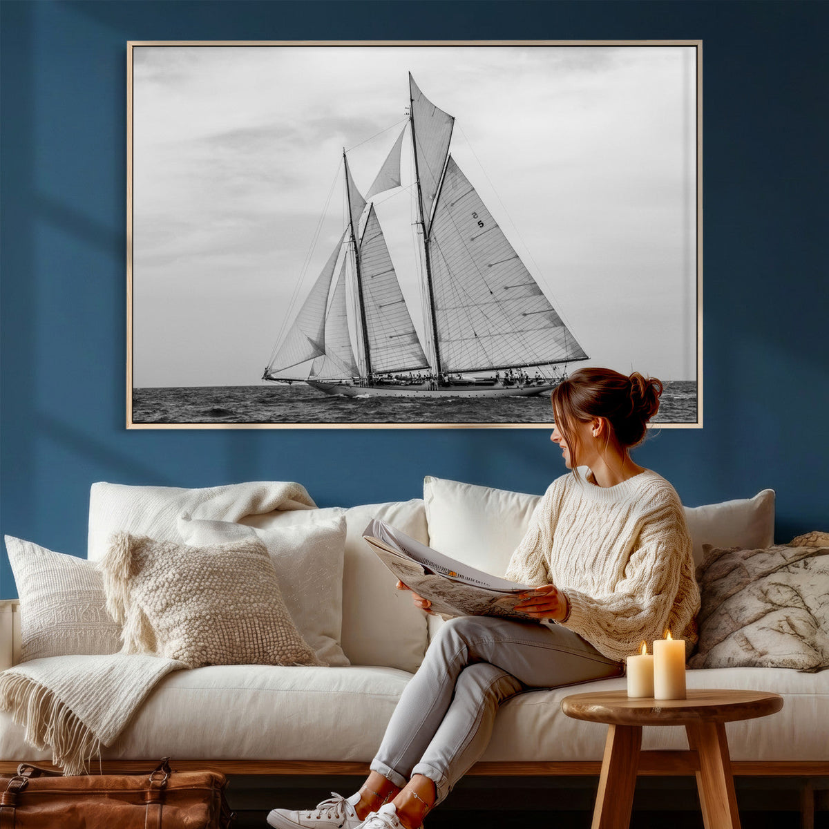 Vintage Sailboat Wall Art Canvas Print, Black and White