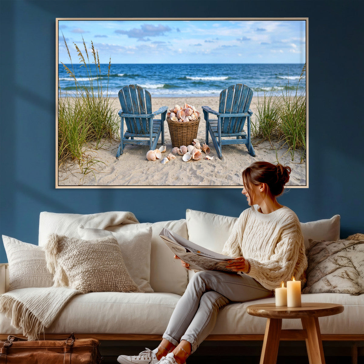Large Beach Canvas Wall Art Coastal Adirondack Chairs Ocean