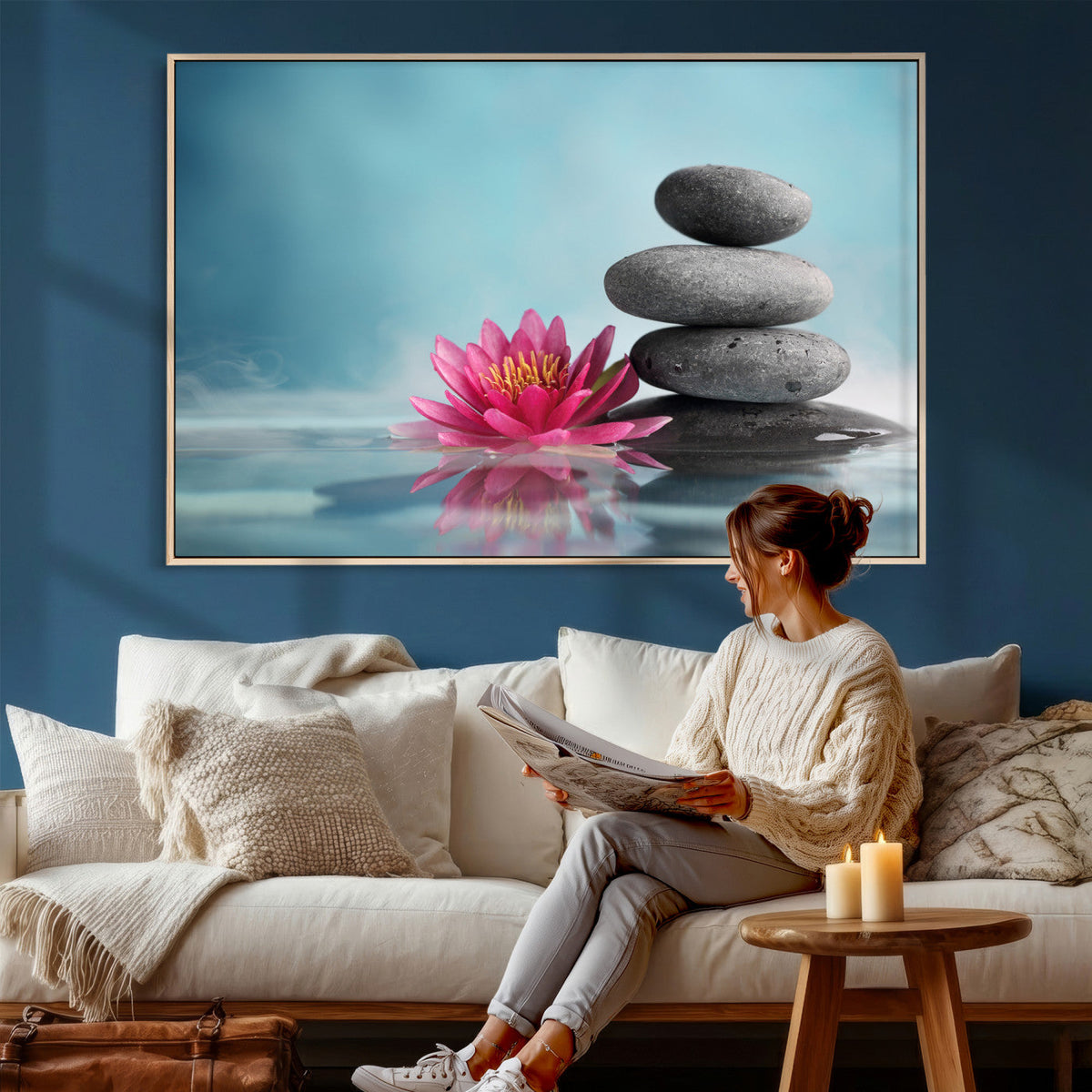 Zen Canvas Wall Art Lotus Flower Stacked Stones Teal Spa