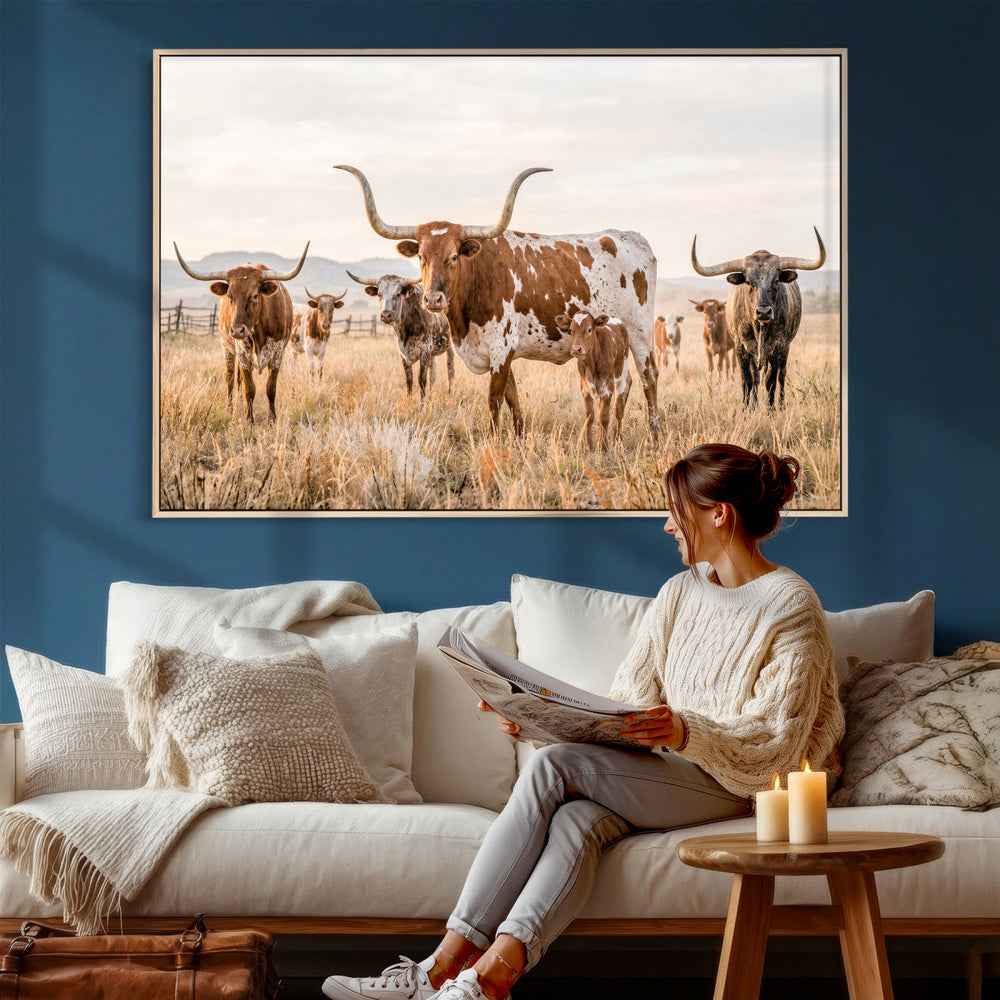 Texas Longhorn Canvas Wall Art, Rustic Farm Animal Photography Print, Farmhouse Country Decor, Western Ranch Art