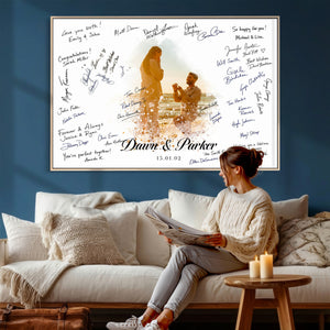 Wedding Guest Book Alternative Wall Art Canvas Print, Personalized Wedding Signature Poster, Custom Couple Photo Guestbook Canvas, Bridal Shower Reception Decor