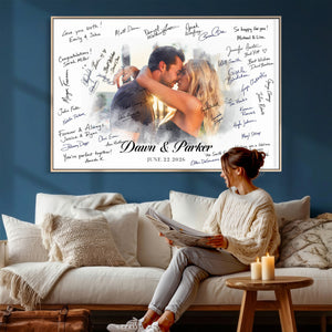 Wedding Guest Book Alternative Wall Art Canvas Print, Personalized Wedding Signature Poster, Custom Couple Photo Guestbook Canvas, Bridal Shower Reception Decor