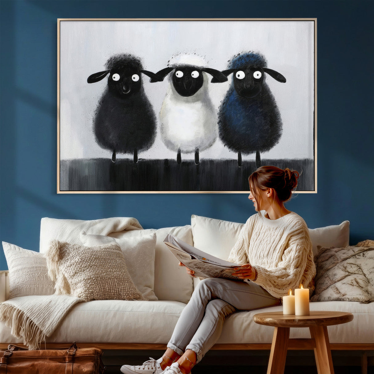 Funny Sheep Canvas Wall Art, Three Quirky Sheep Painting Print, Cute Animal Nursery Decor, Black White Navy Farmhouse Art, Kids Room Gift