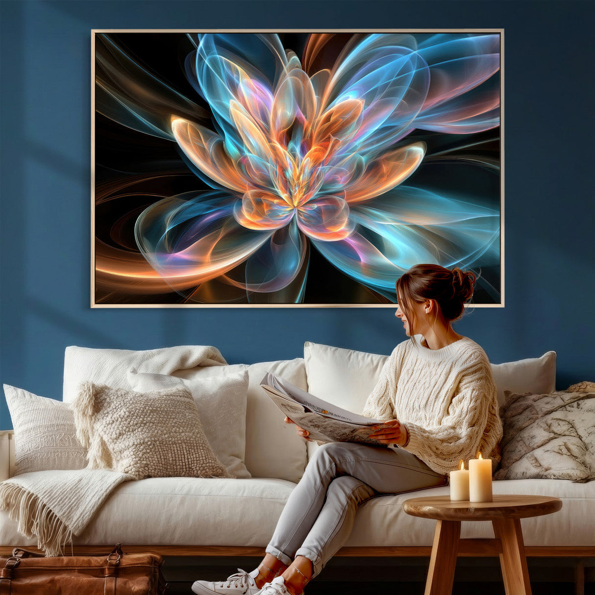 Fractal Lotus Canvas Wall Art, Blue Orange Glowing Flower Abstract Print, Modern Zen Meditation Room Decor, Ethereal Digital Art, Living Room