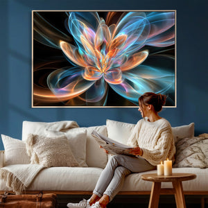 Fractal Lotus Canvas Wall Art, Blue Orange Glowing Flower Abstract Print, Modern Zen Meditation Room Decor, Ethereal Digital Art, Living Room