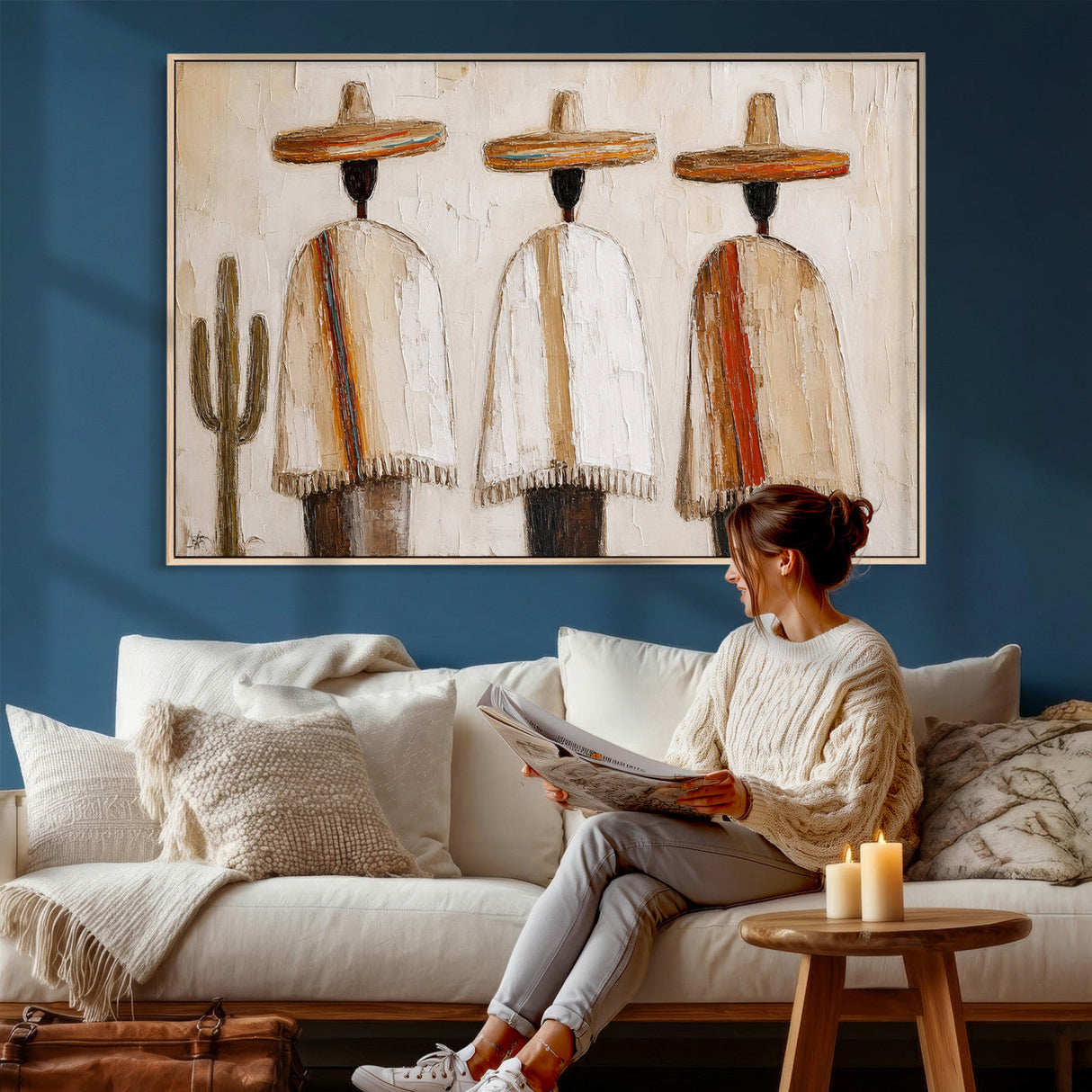 Mexican Wall Art Canvas Print, Southwestern Sombrero Poncho Painting, Neutral Earthy Boho Decor, Fiesta Living Room Art, Impasto Style Print