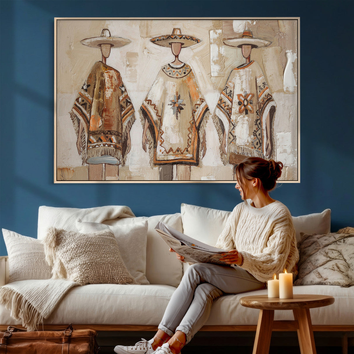 Mexican Folk Art Canvas Wall Art, Charro Poncho Sombrero Painting Print, Neutral Beige Boho Decor, Southwestern Impasto Style, Living Room Art