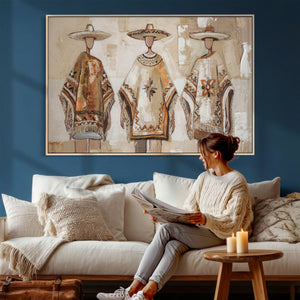 Mexican Folk Art Canvas Wall Art, Charro Poncho Sombrero Painting Print, Neutral Beige Boho Decor, Southwestern Impasto Style, Living Room Art