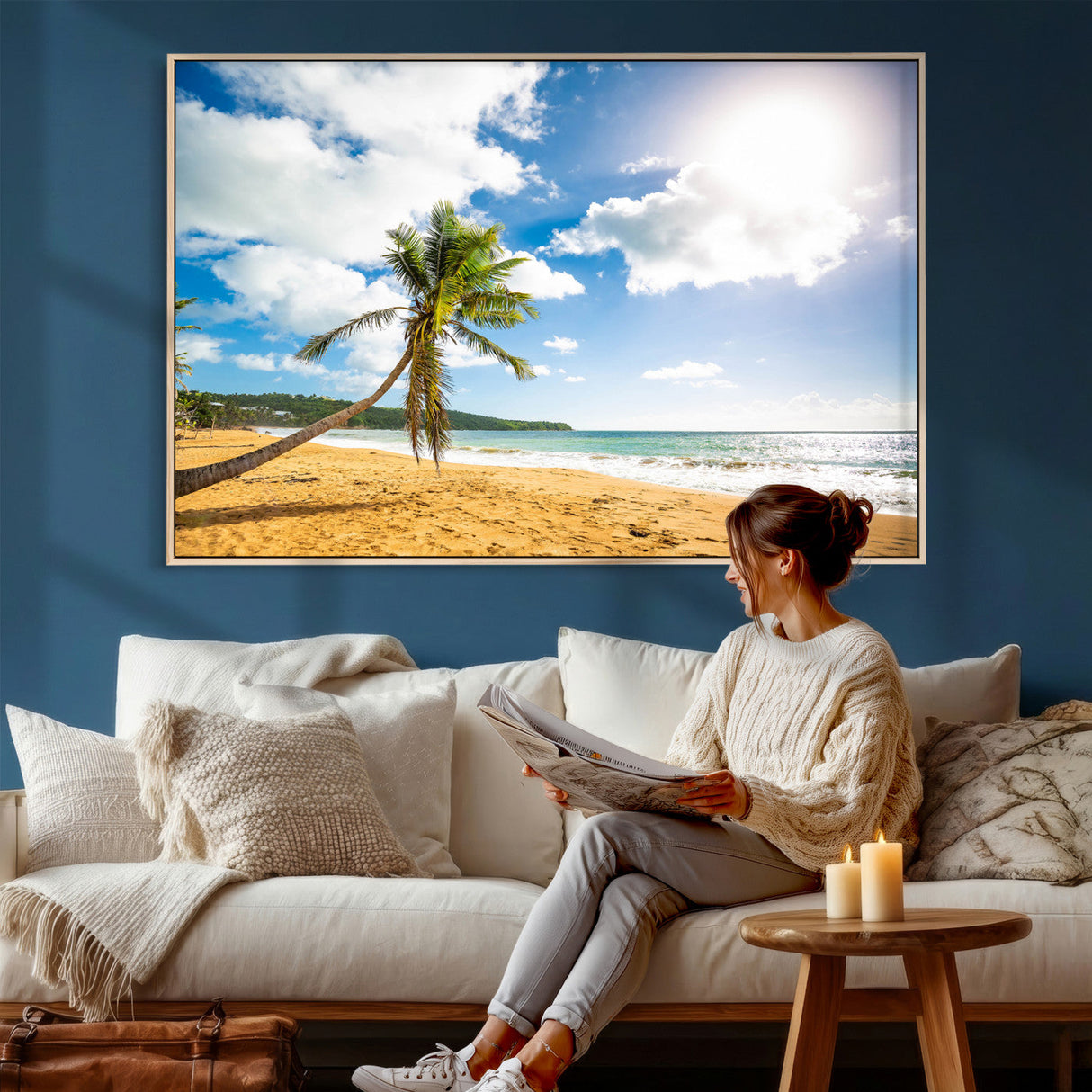 Tropical Beach Canvas Wall Art, Palm Tree Ocean Photo Print, Coastal Living Room Decor, Turquoise Sea Beach House Art, Summer Wall Art