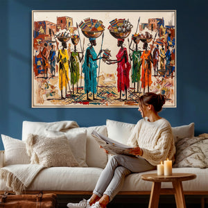 African Folk Art Canvas Wall Art, Colorful African Women Village Painting Print, Tribal Ethnic Home Decor, Vibrant African Art, Living Room