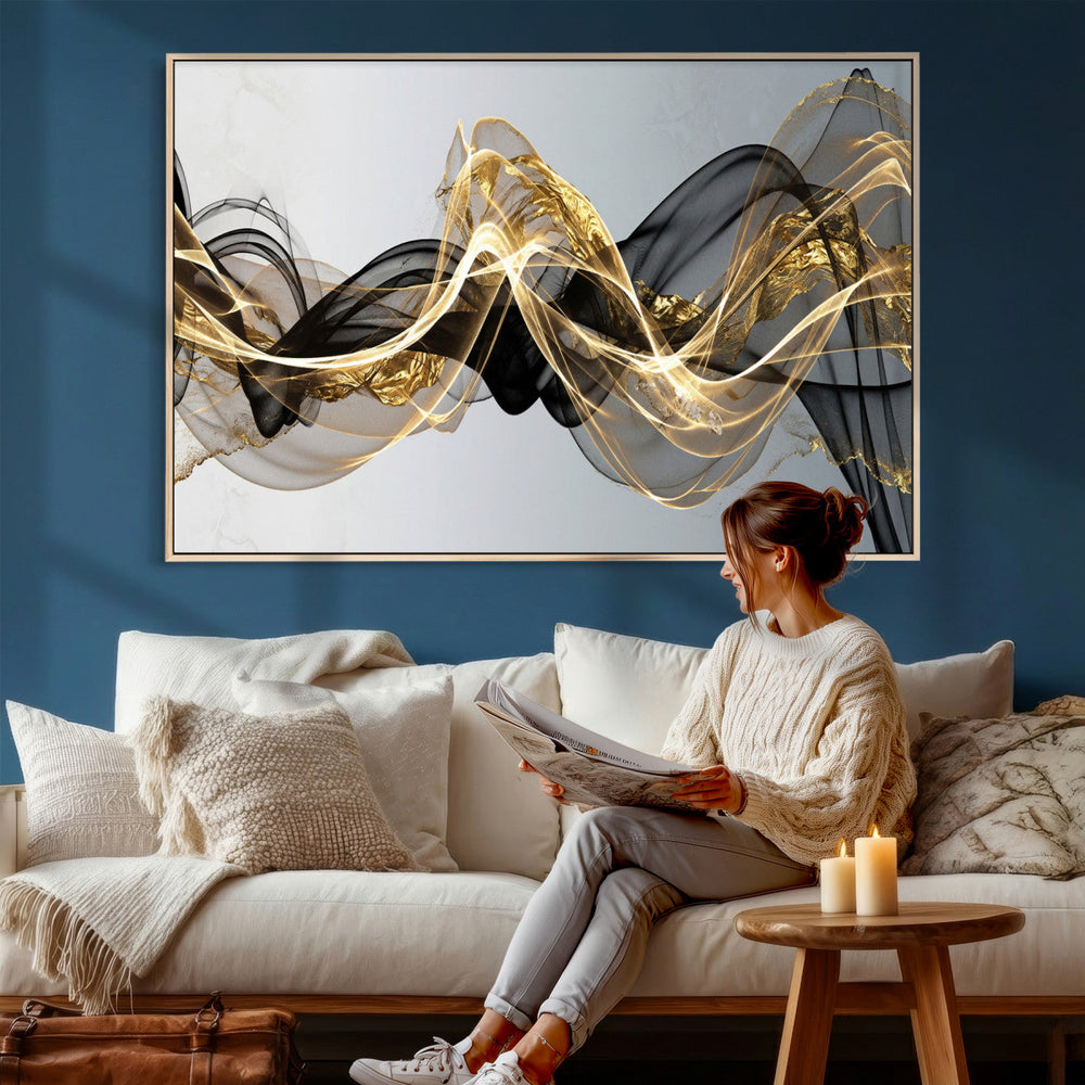 Black and Gold Abstract Wall Art, Modern Wave Canvas Print, Elegant Flowing Smoke Art, Luxury Living Room Decor
