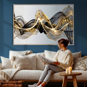 Black and Gold Abstract Wall Art, Modern Wave Canvas Print, Elegant Flowing Smoke Art, Luxury Living Room Decor