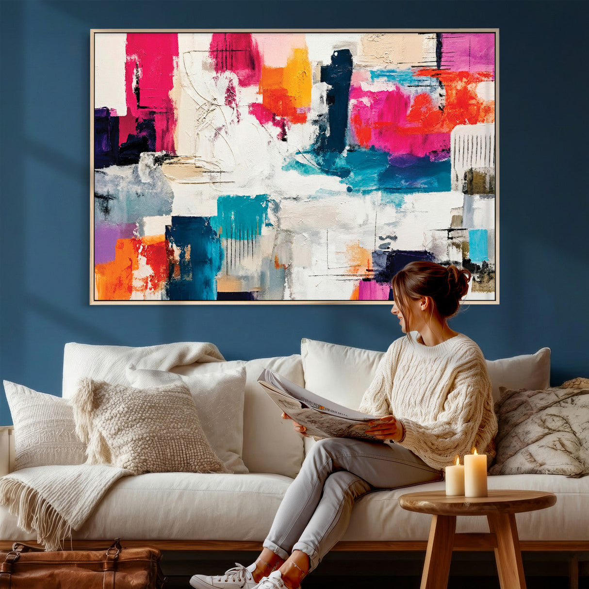 Blue Teal Abstract Canvas Wall Art, Modern Textured Painting Print, Navy Orange White Contemporary Art, Neutral Living Room Decor, Office Art