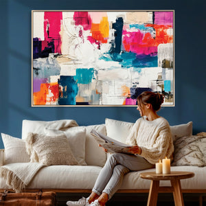 Blue Teal Abstract Canvas Wall Art, Modern Textured Painting Print, Navy Orange White Contemporary Art, Neutral Living Room Decor, Office Art