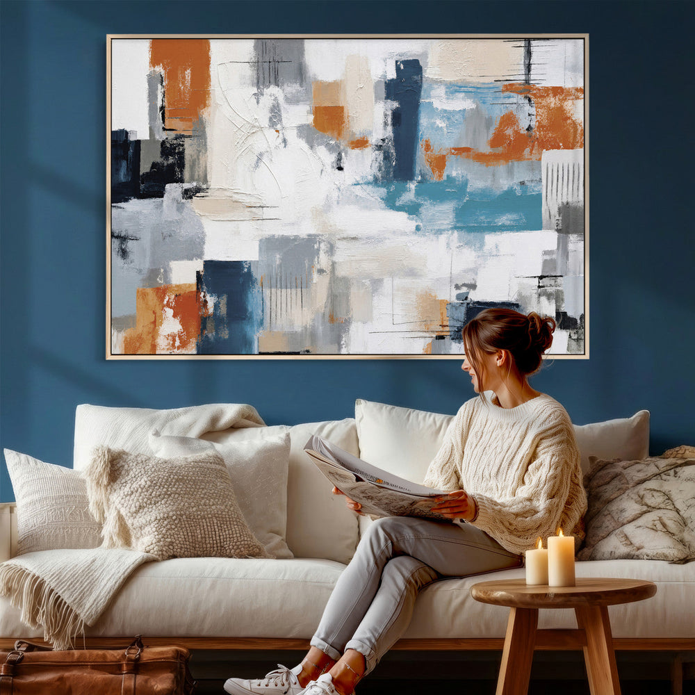 Blue Teal Abstract Canvas Wall Art, Modern Textured Painting Print, Navy Orange White Contemporary Art, Neutral Living Room Decor, Office Art