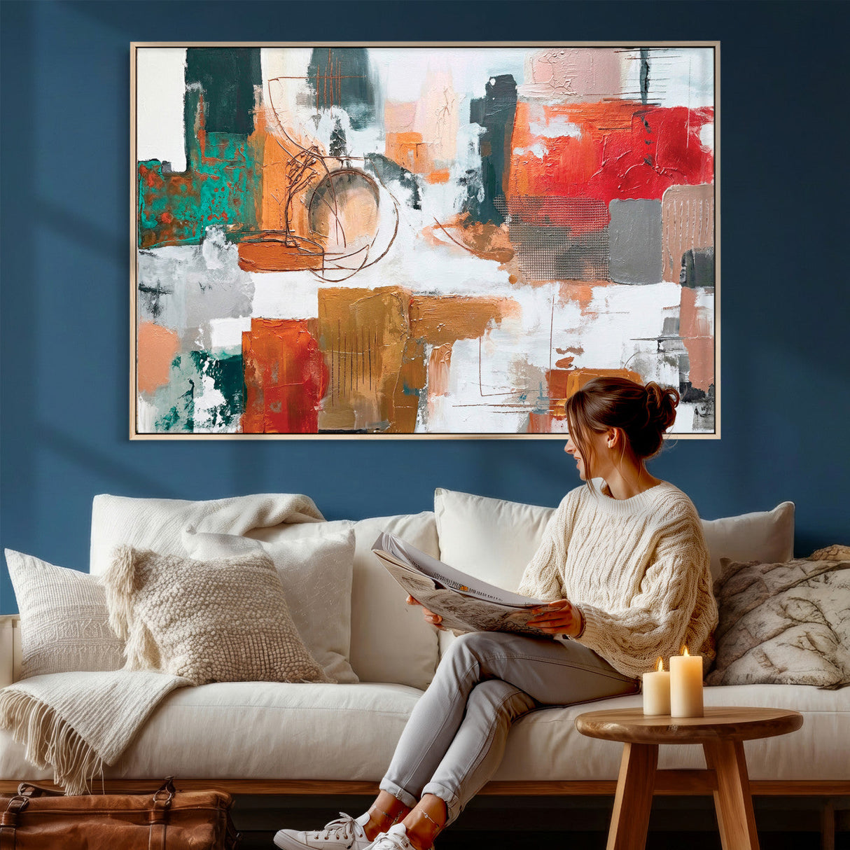 Blue Teal Abstract Canvas Wall Art, Modern Textured Painting Print, Navy Orange White Contemporary Art, Neutral Living Room Decor, Office Art