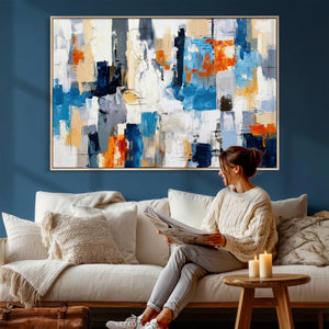Blue Teal Abstract Canvas Wall Art, Modern Textured Painting Print, Navy Orange White Contemporary Art, Neutral Living Room Decor, Office Art