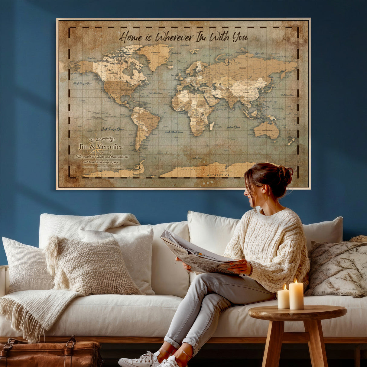 Vintage Personalized Push Pin World Map, Vintage Travel Map Canvas, Custom Names Anniversary Gift, Places Visited Pin Board, Couples Adventure Art