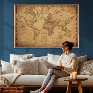 Personalized Push Pin World Map, Vintage Travel Map Canvas, Custom Names Anniversary Gift, Places Visited Pin Board, Couples Adventure Art