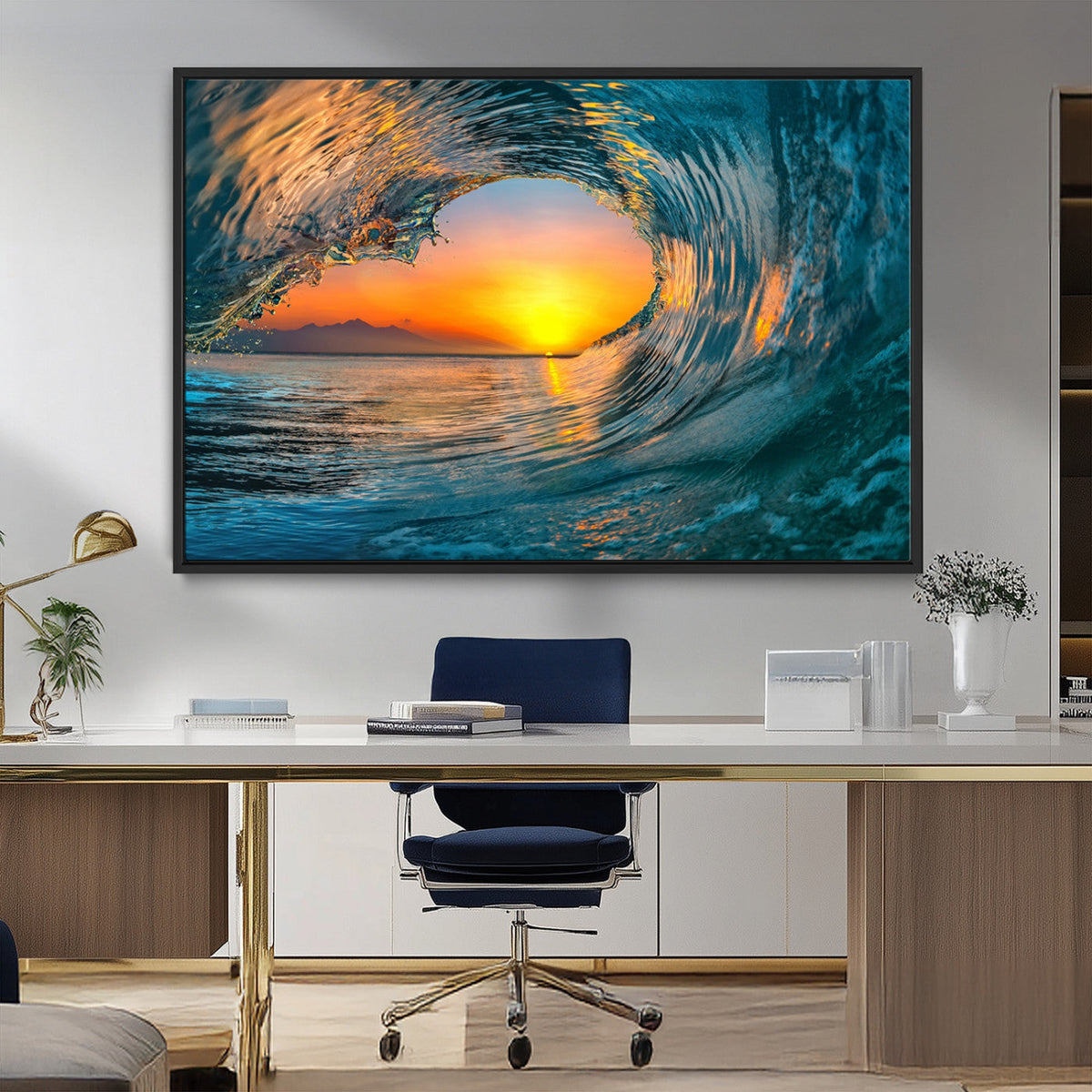 Ocean Wave Sunset Wall Art | Large Coastal Wave Canvas Print