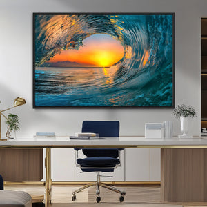 Ocean Wave Sunset Wall Art | Large Coastal Wave Canvas Print