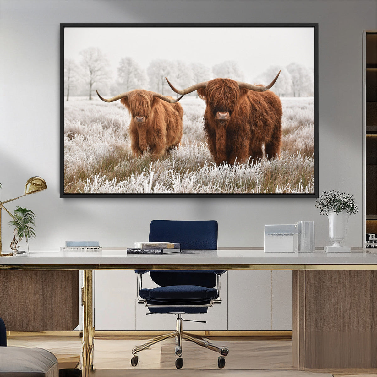 Longhorn Cattle Wall Art Canvas Print, Framed Farmhouse