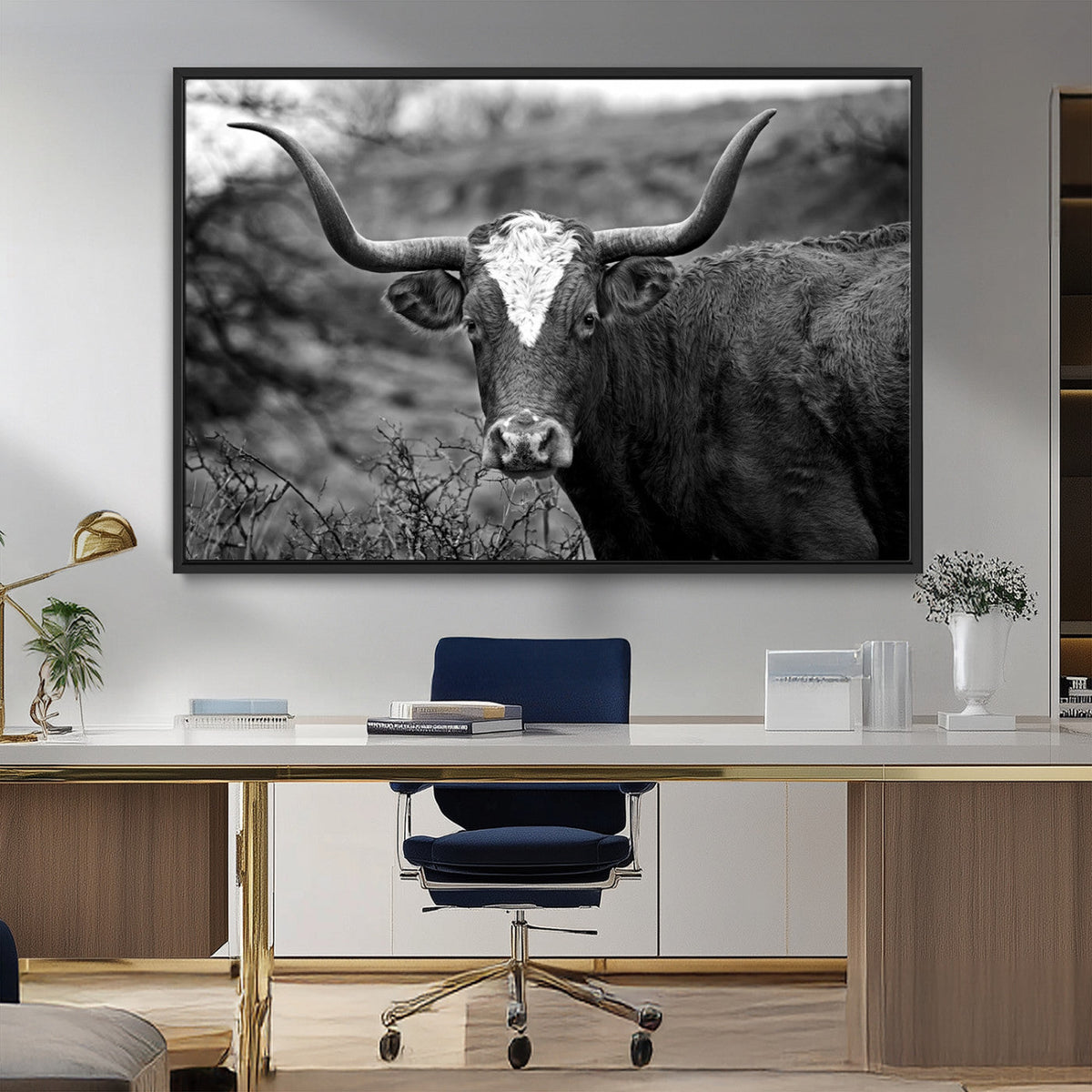 Western Home Wall Art Canvas Print, Framed Texas Longhorn