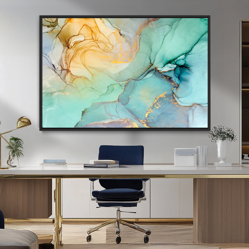 Abstract Aqua and Gold Fluid Wall Art Canvas | 3 Panel Large